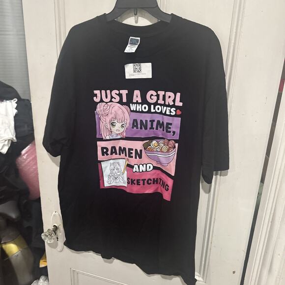 100% Other - H&U Anime Ramen Sketching Graphic T-Shirt XL Black 100% Cotton Just A Girl